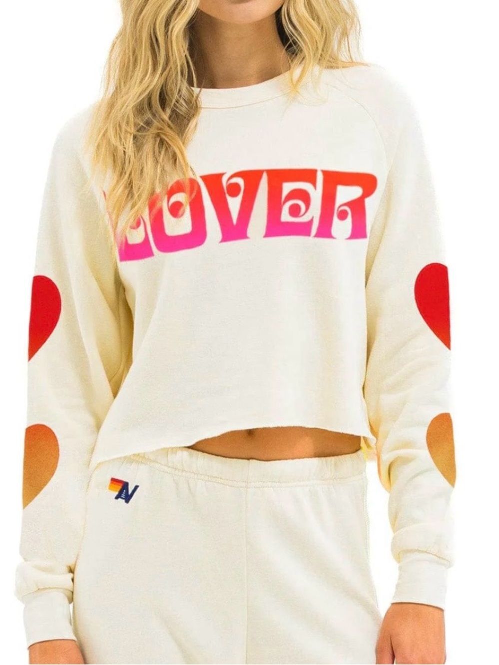 Aviator Nation Lover Heart Cropped Crew Sweatshirt Women’s M - White/Pink NWT